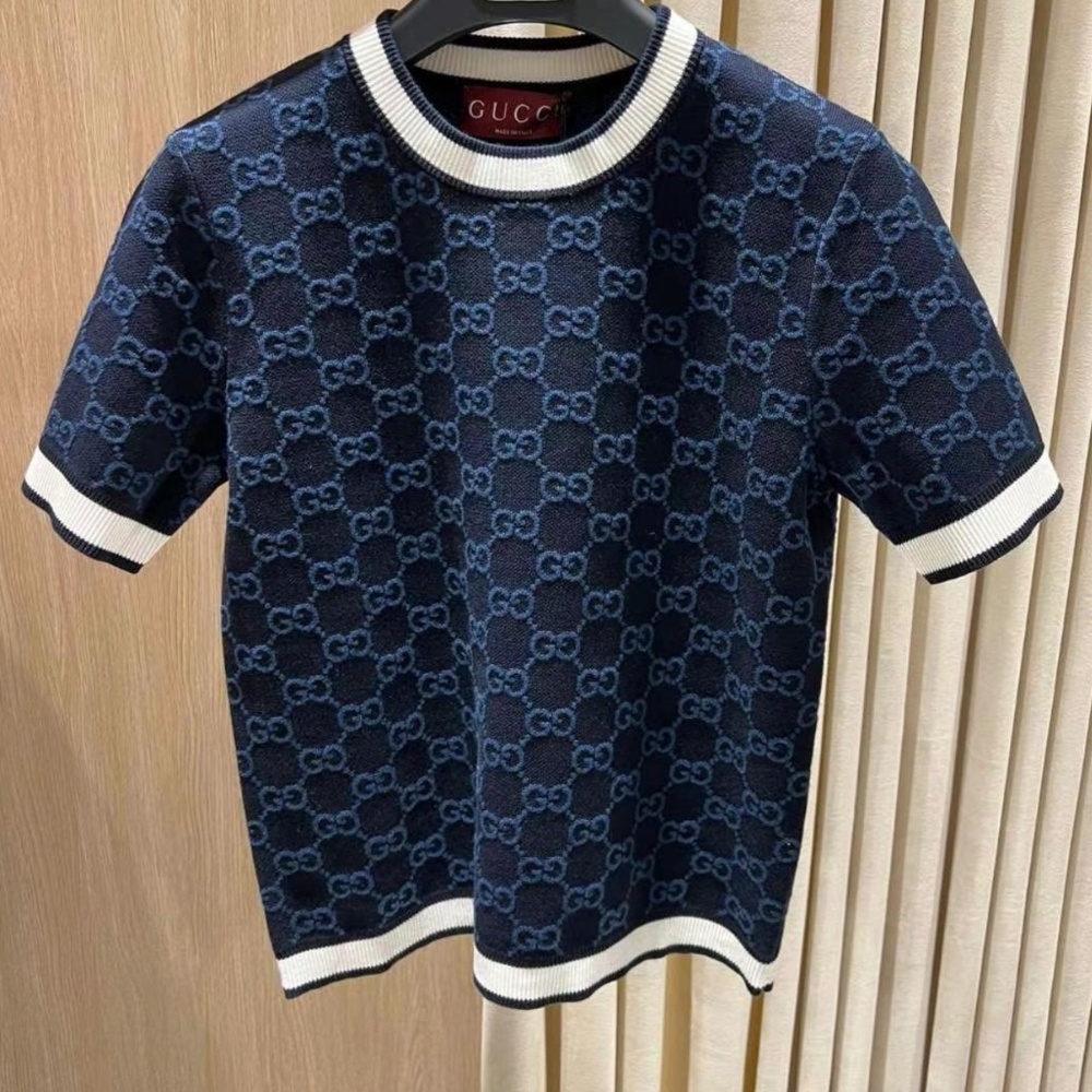 New Gucci 2025 GG Logo Monogram Fine Cotton Jacquard Top in Navy L
